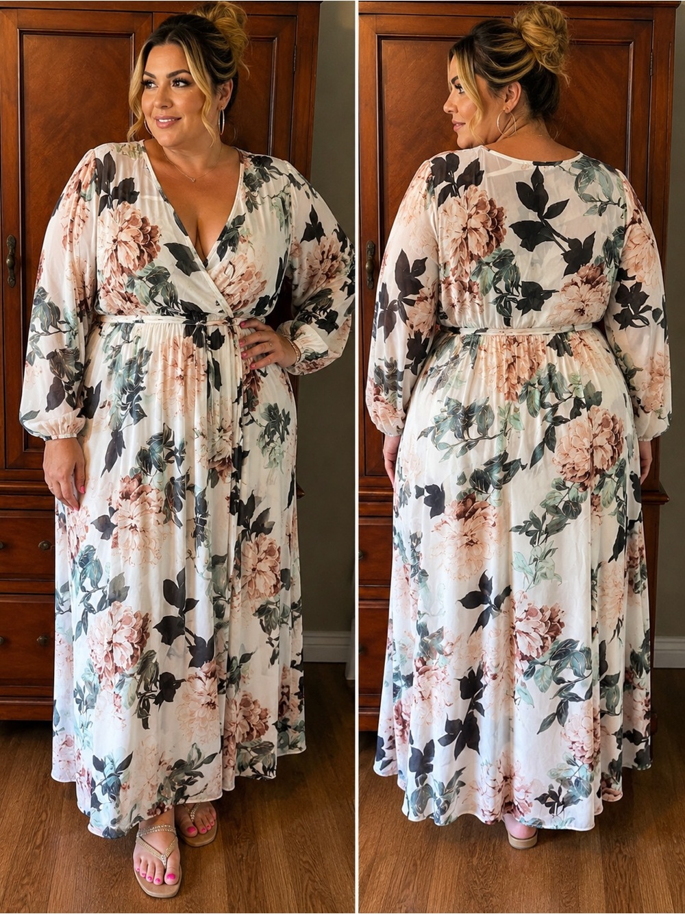 Floral Wrap Maxi Dress - Plus Size White with Blush Floral